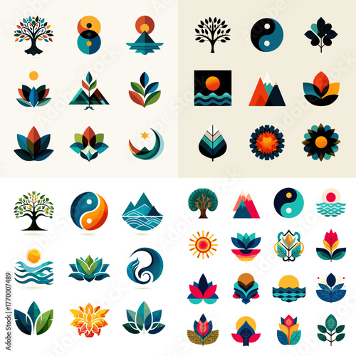 Modern symbol set featuring trees, mountains, lotus, yin yang, and sun. Ideal for nature balance, meditation, yoga, and wellness inspired vector designs.