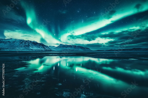 Wallpaper Mural still Arctic pond reflecting the deep blues and greens of an endless aurora night Torontodigital.ca