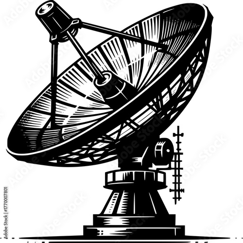 Satellite Dish Illustration: a detailed black and white illustration of a satellite dish, showcasing its intricate design. The image emphasizes the technological marvel of the device