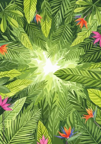 A modern watercolor perspective looking up through lush, vibrant tropical jungle foliage and exotic flowers, bathed in bright sunlight