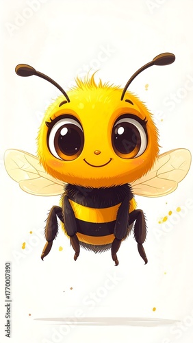 Cute, cartoon bumblebee with big eyes and fuzzy yellow and black stripes