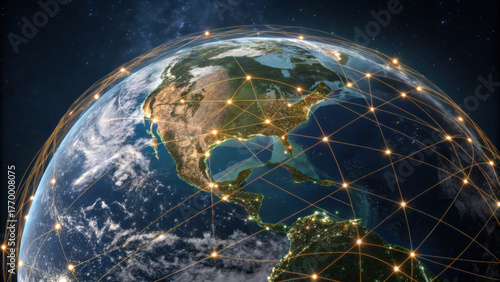 Earth from space global network visible connecting cities with glowing lines and lights showing networked communication