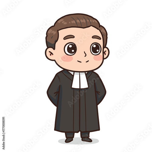 Vector cartoon illustration of a young businessman in a black suit and tie, smiling, standing, and ready for success at his office job