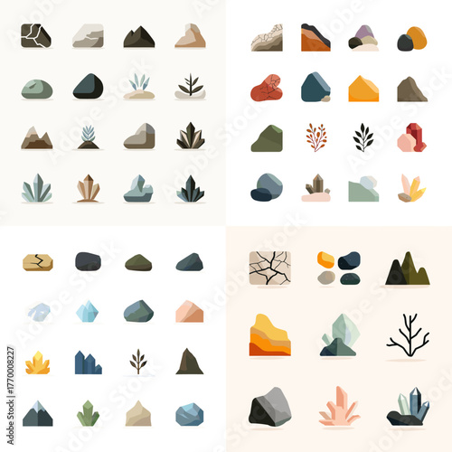 Minimalist collection of rock and mineral illustrations in soft earthy tones. Perfect for nature design, geology icons, landscape elements, and outdoor branding graphics.