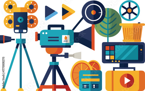 Modern video production elements and equipment designed for filming, storytelling, and creating dynamic multimedia content