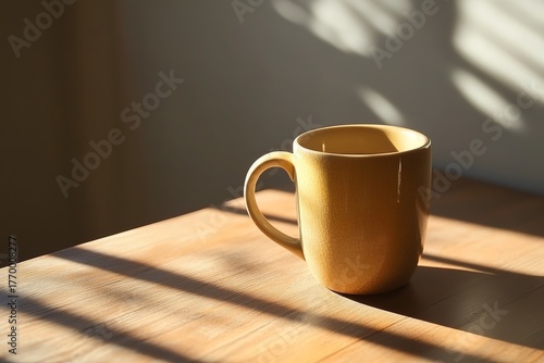 A muted yellow mug on a light-wood table, sunlit shadows