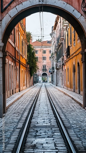 A narrow, paved street with train tracks, passing under an archway