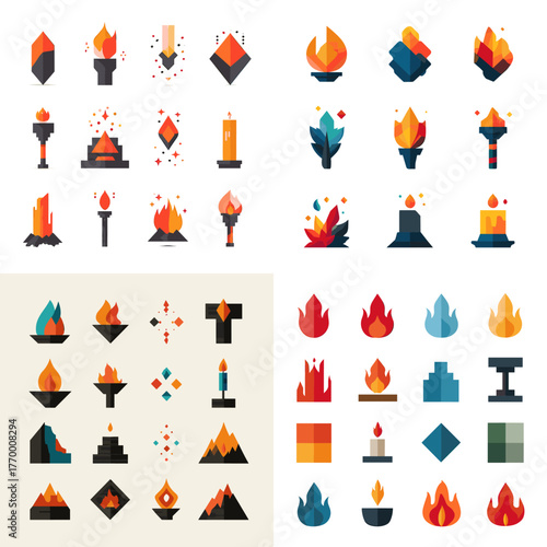 Modern flat icon set of fire, torches, candles, and flames. Geometric minimalist illustration representing heat, energy, and spiritual or ritual design elements.