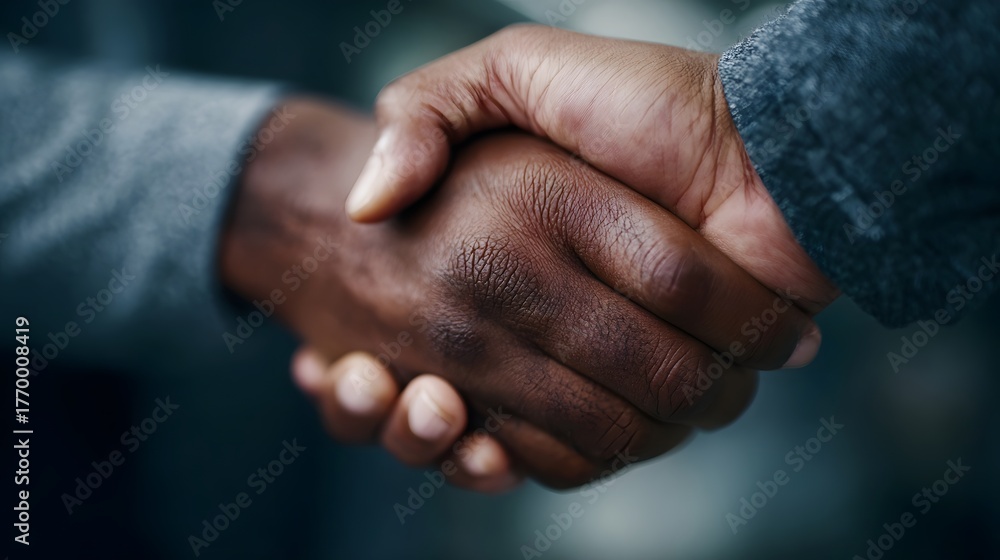 Fototapeta premium A firm handshake between two diverse hands symbolizes a successful business agreement and partnership