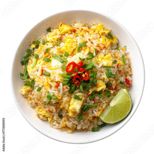 Bowl of fried rice with egg, green onions, peppers, and lime