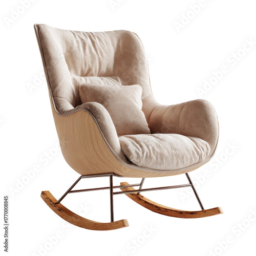 Cushioned rocking chair with wood frame and beige fabric