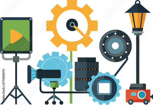 Dynamic gear mechanism with play button, spotlight, and film camera, ready for creative content production