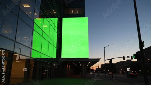 Urban Building Facade with Empty Green Digital Screens at Dusk