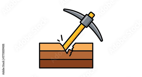 a pickaxe striking layered earth in cross-section symbolizing excavation mining hard work and essential groundwork.