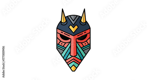 a striking tribal mask illustration with colorful geometric patterns and horns symbolizing ancient traditions and ethnic cultural heritage