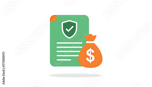 Vector of list document application with shield with check mark and money bag. Symbol of claim. Icon of filing financial claims