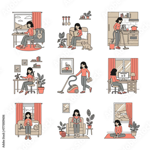 Daily Life of a Woman - Working, Cleaning, and Relaxing at Home.