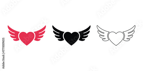 Flying heart wings set, Love symbol vector design