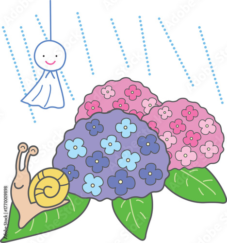 雨ふるあじさいとてるてる坊主とかたつむり
