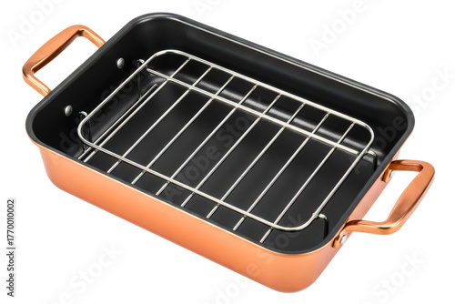 Copper colored nonstick roaster pan with a removable steel rack isolated on a transparent background