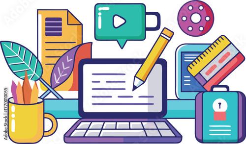 Creative workspace with laptop, pencil, video icon, and design elements for content creation, marketing, and business innovation