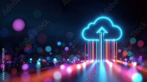 A vibrant digital representation of a cloud with an upward arrow, symbolizing cloud computing and data upload in a colorful, abstract background.
