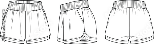 Athletic shorts, running shorts, sportswear, fashion sketch, technical drawing, vector apparel, elastic waistband, curved hem, side slit, cad drawing flat vector illustration