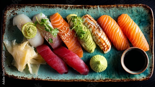 Exquisite Assortment of Colorful Sushi with Fresh Ingredients and Traditional Condiments on Blue Ceramic Plate Against Black Background