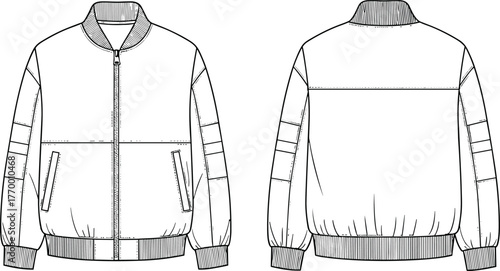 Bomber jacket flat sketch, fashion technical drawing, apparel design vector, clothing construction illustration, outerwear garment template, ribbed collar cuff hem
