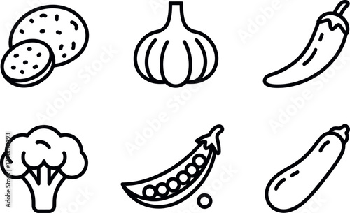 Simple line art icons of six fresh vegetables potato garlic chili pepper broccoli peas zucchini vector