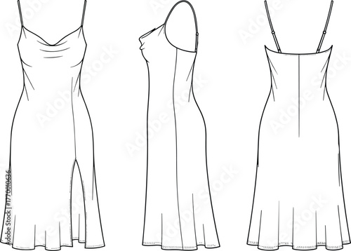 Elegant women’s dress fashion sketch, sleeveless cowl neck gown, side slit evening wear, technical CAD drawing, flat vector illustration