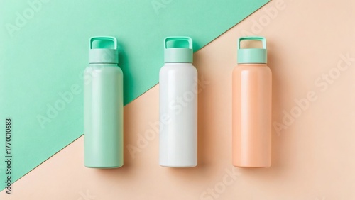 Reusable Sports Bottles on Soft Pastel Color Background