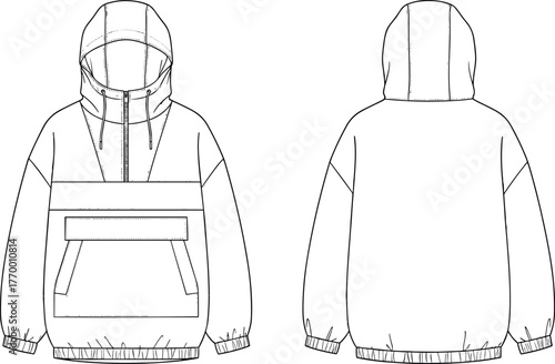 Hooded pullover, fashion sketch, technical drawing, vector apparel, elastic cuffs, front zipper, flap pocket, garment design, cad drawing flat vector illustration
