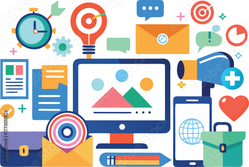 Dynamic business and marketing concept elements, including a computer, phone, and communication icons, perfect for advertising and promotion campaigns