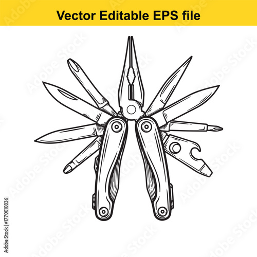 A black and white illustration of a multitool with pliers and several blades extended in a radial pattern, isolated on a