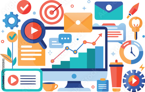 Dynamic business growth visualized with charts, graphs, and icons, perfect for marketing, strategy, and innovative concepts