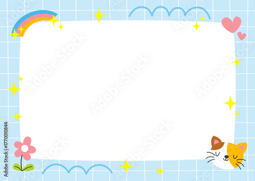 a cute cat and rainbow border with a blank white frame