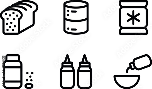 Set of six line art icons food ingredients bread cans seasonings sauces and bowl with liquid vector