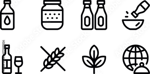 Set of eight minimalist line art icons representing food and drink choices for healthy living vector