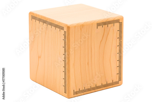 Wooden block cube with engraved ruler measurement markings isolated on a transparent background