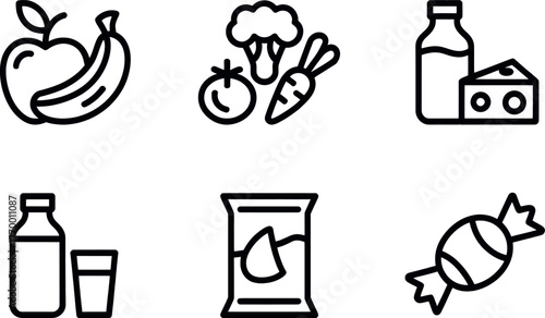 Set of six simple line art icons representing healthy food groceries and sweets vector