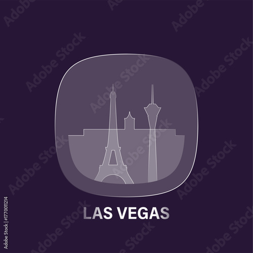 Las Vegas, USA Nevada state: icon and logo prototype with glass liquid effect. Flat emblem with shapes of landmarks. Concept for mobile app, sticker, web element
