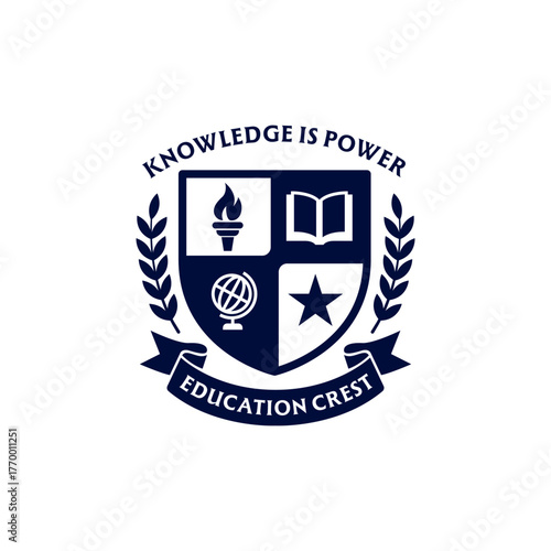 Elegant academic crest logo featuring a shield with book, torch, globe, and star icons, symbolizing knowledge and education excellence for schools or universities.
