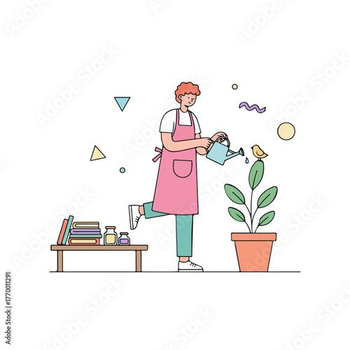 Caring gardener nurturing plant growth with water can, fostering new life concept