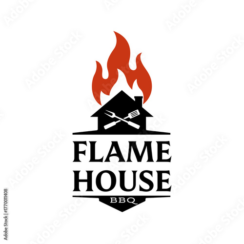 Creative barbecue logo showing a house silhouette with fire and crossed grill tools, symbolizing flame-cooked food and warm dining atmosphere for BBQ restaurants.
