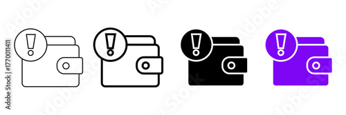 Set of minimalist wallet warning icons with transparent background, depicting financial alert symbols, payment issues, budget problems, and digital wallet errors, vector illustration