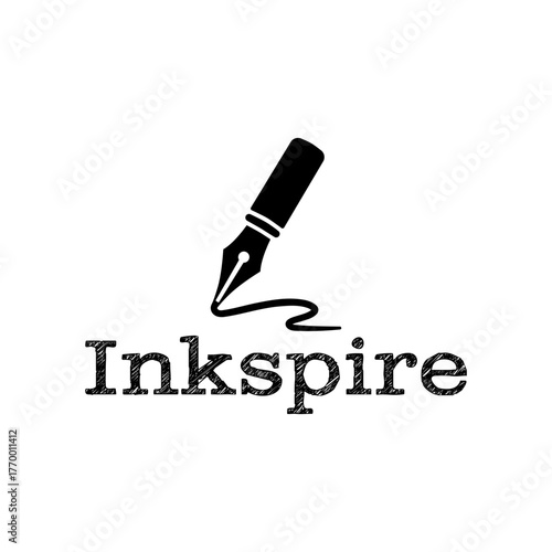 Minimalist logo featuring a fountain pen drawing a fluid line above the text, symbolizing inspiration, creativity, and writing for authors or publishing brands.
