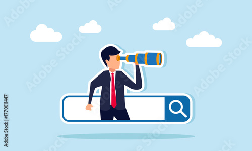Businessman emerging from search engine using telescope illustration of exploring business opportunities