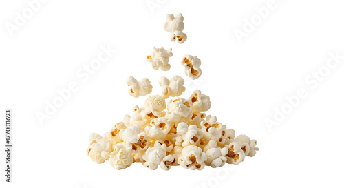 Pile of fluffy white popcorn kernels falling and scattered isolated on a transparent background snack