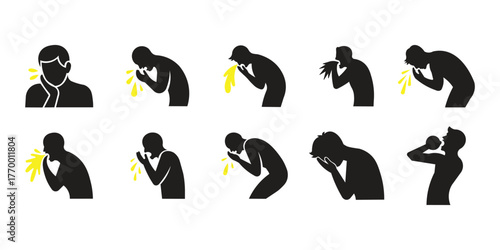 Collection of silhouettes showing various stages and actions of vomiting